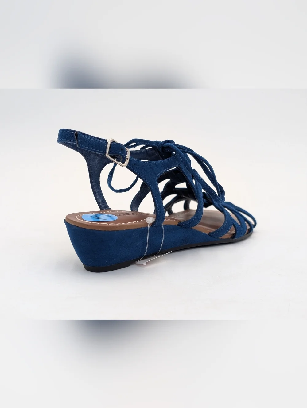 NWT Carlos Kiara2 Sz 7.5 Strappy Low-Wedge Rich Blue Fabric Upper Silver Buckles